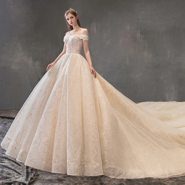 Chic / Beautiful Champagne Wedding Dresses 2019 A-Line / Princess Off-The-Shoulder Short Sleeve Backless Appliques Lace Beading Pearl Glitter Tulle Royal Train Ruffle