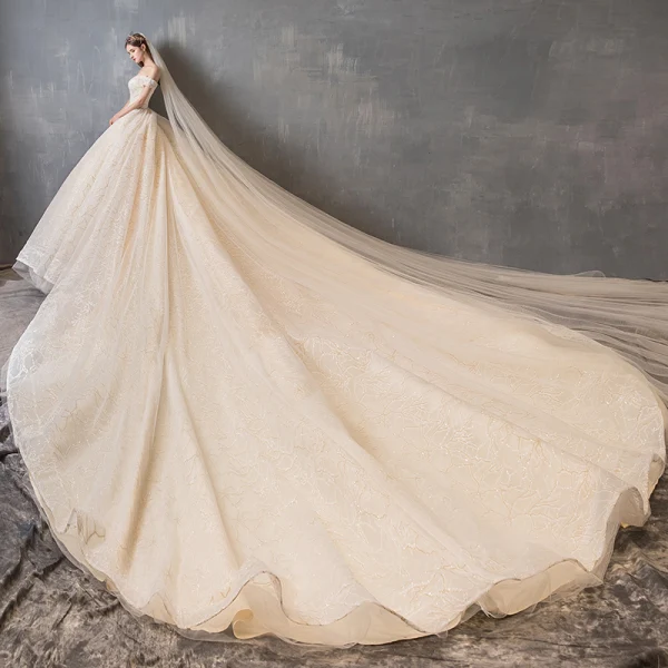 Chic / Beautiful Champagne Wedding Dresses 2019 A-Line / Princess Off-The-Shoulder Short Sleeve Backless Appliques Lace Beading Pearl Glitter Tulle Royal Train Ruffle