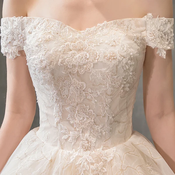 Chic / Beautiful Champagne Wedding Dresses 2019 A-Line / Princess Off-The-Shoulder Short Sleeve Backless Appliques Lace Beading Pearl Glitter Tulle Royal Train Ruffle