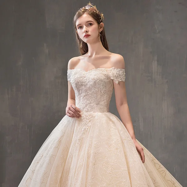 Chic / Beautiful Champagne Wedding Dresses 2019 A-Line / Princess Off-The-Shoulder Short Sleeve Backless Appliques Lace Beading Pearl Glitter Tulle Royal Train Ruffle