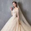 Chic / Beautiful Champagne Wedding Dresses 2019 A-Line / Princess Off-The-Shoulder Short Sleeve Backless Appliques Lace Beading Pearl Glitter Tulle Royal Train Ruffle