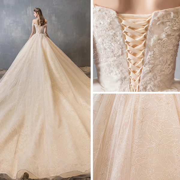 Chic / Beautiful Champagne Wedding Dresses 2019 A-Line / Princess Off-The-Shoulder Short Sleeve Backless Appliques Lace Beading Pearl Glitter Tulle Royal Train Ruffle