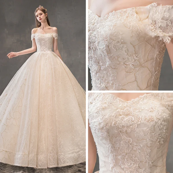 Chic / Beautiful Champagne Wedding Dresses 2019 A-Line / Princess Off-The-Shoulder Short Sleeve Backless Appliques Lace Beading Pearl Glitter Tulle Royal Train Ruffle