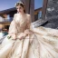 Étourdissant Champagne Robe De Mariée 2019 Princesse De l'épaule Gonflée 3/4 Manches Dos Nu Perlage Glitter Tulle Royal Train Volants