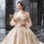 Étourdissant Champagne Robe De Mariée 2019 Princesse De l'épaule Gonflée 3/4 Manches Dos Nu Perlage Glitter Tulle Royal Train Volants
