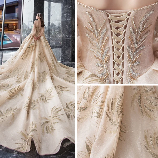Étourdissant Champagne Robe De Mariée 2019 Princesse De l'épaule Gonflée 3/4 Manches Dos Nu Perlage Glitter Tulle Royal Train Volants