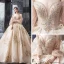 Étourdissant Champagne Robe De Mariée 2019 Princesse De l'épaule Gonflée 3/4 Manches Dos Nu Perlage Glitter Tulle Royal Train Volants