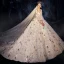 Luxus / Herrlich Ivory / Creme Brautkleider / Hochzeitskleider 2019 A Linie Off Shoulder Geschwollenes 3/4 Ärmel Rückenfreies Pailletten Star Glanz Tülle Perlenstickerei Kathedrale Schleppe Rüschen