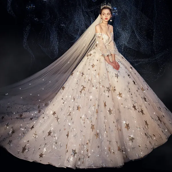 Luxury / Gorgeous Ivory Wedding Dresses 2019 A-Line / Princess Off-The-Shoulder Puffy 3/4 Sleeve Backless Sequins Star Glitter Tulle Beading Cathedral Train Ruffle