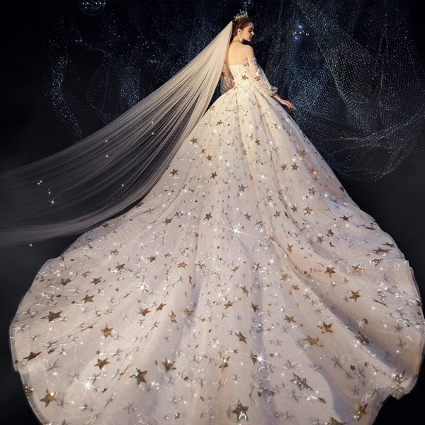 Luxus / Herrlich Ivory / Creme Brautkleider / Hochzeitskleider 2019 A Linie Off Shoulder Geschwollenes 3/4 Ärmel Rückenfreies Pailletten Star Glanz Tülle Perlenstickerei Kathedrale Schleppe Rüschen