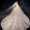 Luxury / Gorgeous Ivory Wedding Dresses 2019 A-Line / Princess Off-The-Shoulder Puffy 3/4 Sleeve Backless Sequins Star Glitter Tulle Beading Cathedral Train Ruffle