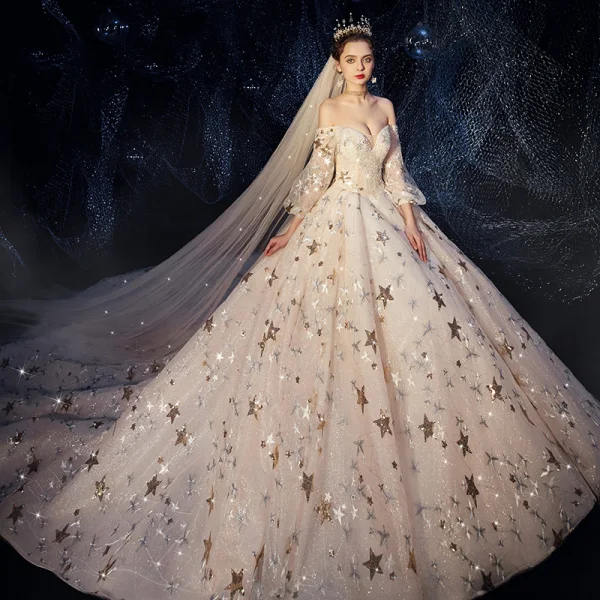 Luxus / Herrlich Ivory / Creme Brautkleider / Hochzeitskleider 2019 A Linie Off Shoulder Geschwollenes 3/4 Ärmel Rückenfreies Pailletten Star Glanz Tülle Perlenstickerei Kathedrale Schleppe Rüschen