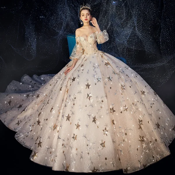 Luxus / Herrlich Ivory / Creme Brautkleider / Hochzeitskleider 2019 A Linie Off Shoulder Geschwollenes 3/4 Ärmel Rückenfreies Pailletten Star Glanz Tülle Perlenstickerei Kathedrale Schleppe Rüschen