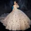 Luxus / Herrlich Ivory / Creme Brautkleider / Hochzeitskleider 2019 A Linie Off Shoulder Geschwollenes 3/4 Ärmel Rückenfreies Pailletten Star Glanz Tülle Perlenstickerei Kathedrale Schleppe Rüschen