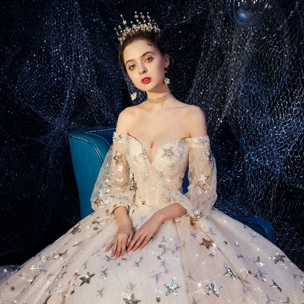 Luxus / Herrlich Ivory / Creme Brautkleider / Hochzeitskleider 2019 A Linie Off Shoulder Geschwollenes 3/4 Ärmel Rückenfreies Pailletten Star Glanz Tülle Perlenstickerei Kathedrale Schleppe Rüschen
