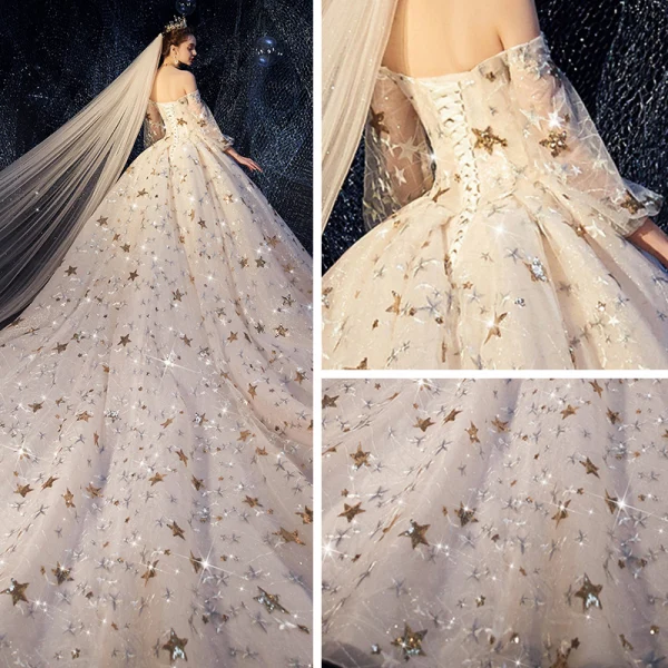 Luxus / Herrlich Ivory / Creme Brautkleider / Hochzeitskleider 2019 A Linie Off Shoulder Geschwollenes 3/4 Ärmel Rückenfreies Pailletten Star Glanz Tülle Perlenstickerei Kathedrale Schleppe Rüschen