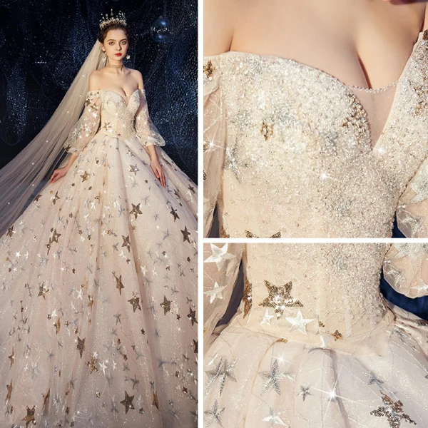Luxus / Herrlich Ivory / Creme Brautkleider / Hochzeitskleider 2019 A Linie Off Shoulder Geschwollenes 3/4 Ärmel Rückenfreies Pailletten Star Glanz Tülle Perlenstickerei Kathedrale Schleppe Rüschen