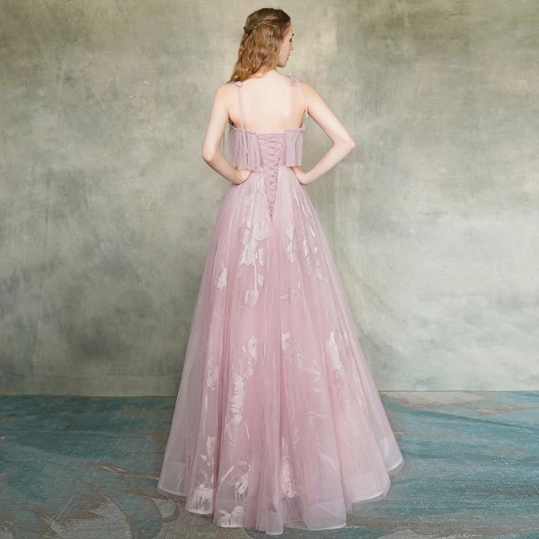 Elegant Blushing Pink Evening Dresses 2019 A-Line / Princess Spaghetti Straps Sleeveless Appliques Lace Floor-Length / Long Ruffle Backless Formal Dresses
