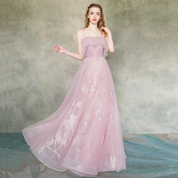 Elegant Blushing Pink Evening Dresses 2019 A-Line / Princess Spaghetti Straps Sleeveless Appliques Lace Floor-Length / Long Ruffle Backless Formal Dresses
