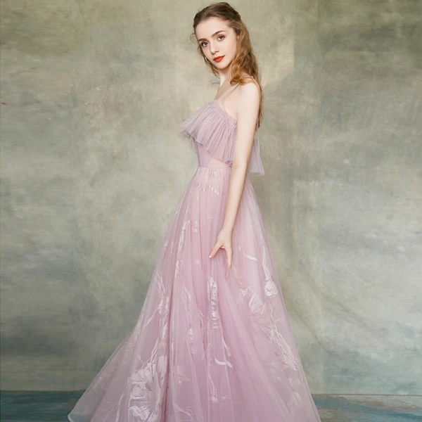Elegant Blushing Pink Evening Dresses 2019 A-Line / Princess Spaghetti Straps Sleeveless Appliques Lace Floor-Length / Long Ruffle Backless Formal Dresses