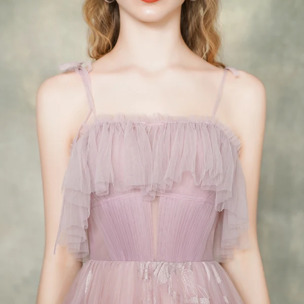 Elegant Blushing Pink Evening Dresses 2019 A-Line / Princess Spaghetti Straps Sleeveless Appliques Lace Floor-Length / Long Ruffle Backless Formal Dresses