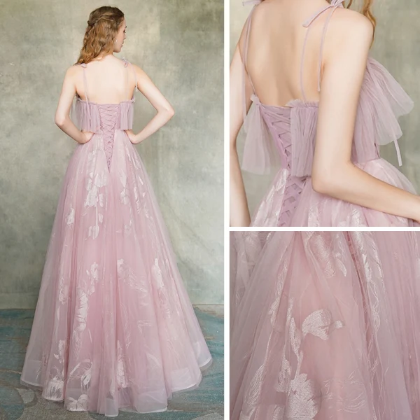 Elegant Blushing Pink Evening Dresses 2019 A-Line / Princess Spaghetti Straps Sleeveless Appliques Lace Floor-Length / Long Ruffle Backless Formal Dresses