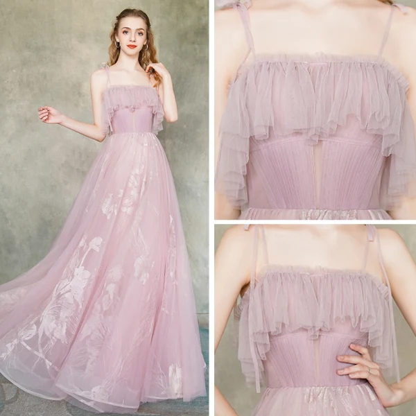 Elegant Blushing Pink Evening Dresses 2019 A-Line / Princess Spaghetti Straps Sleeveless Appliques Lace Floor-Length / Long Ruffle Backless Formal Dresses
