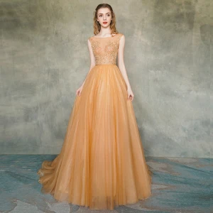 Illusjon Orange Gjennomsiktig Selskapskjoler 2019 Prinsesse Firkantet Hals Uten Ermer Appliques Blonder Sash Feie Tog Buste Ryggløse Formelle Kjoler