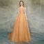 Illusion Orange Transparentes Robe De Soirée 2019 Princesse Encolure Carrée Sans Manches Appliques En Dentelle Ceinture Train De Balayage Volants Dos Nu Robe De Ceremonie