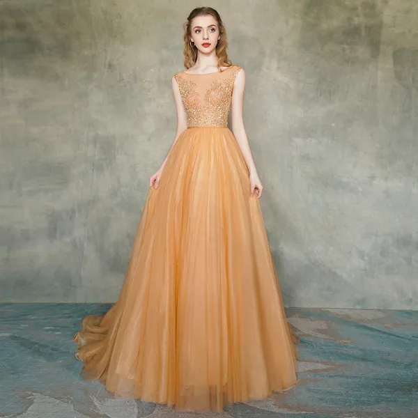 Illusion Orange See-through Evening Dresses  2019 A-Line / Princess Square Neckline Sleeveless Appliques Lace Sash Sweep Train Ruffle Backless Formal Dresses