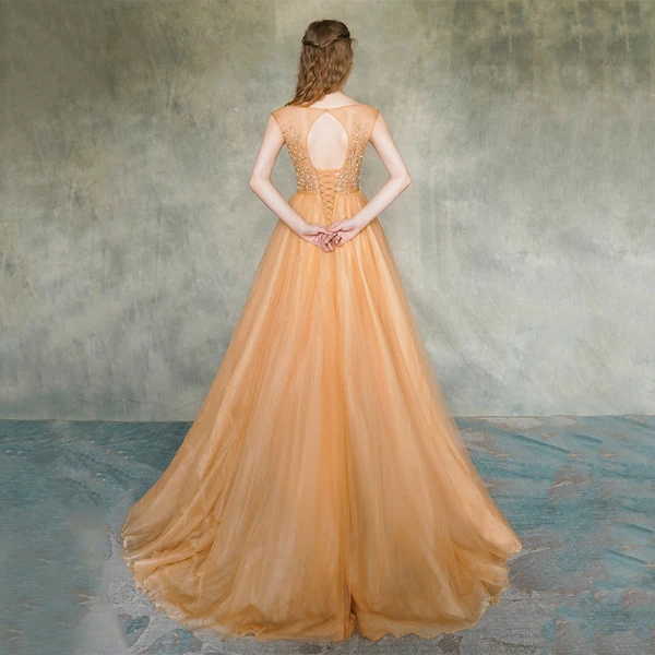 Illusion Orange Transparentes Robe De Soirée 2019 Princesse Encolure Carrée Sans Manches Appliques En Dentelle Ceinture Train De Balayage Volants Dos Nu Robe De Ceremonie