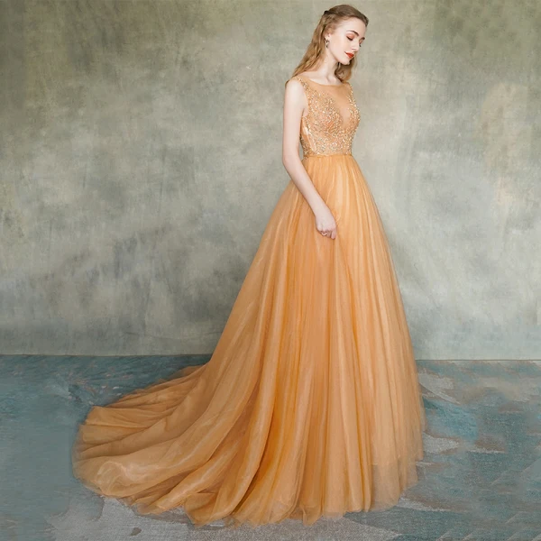 Illusion Orange Transparentes Robe De Soirée 2019 Princesse Encolure Carrée Sans Manches Appliques En Dentelle Ceinture Train De Balayage Volants Dos Nu Robe De Ceremonie