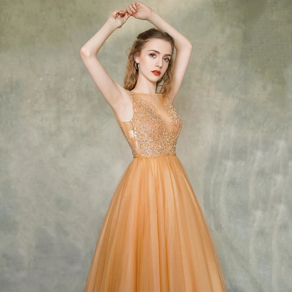 Illusion Orange Transparentes Robe De Soirée 2019 Princesse Encolure Carrée Sans Manches Appliques En Dentelle Ceinture Train De Balayage Volants Dos Nu Robe De Ceremonie