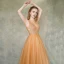 Illusion Orange Transparentes Robe De Soirée 2019 Princesse Encolure Carrée Sans Manches Appliques En Dentelle Ceinture Train De Balayage Volants Dos Nu Robe De Ceremonie