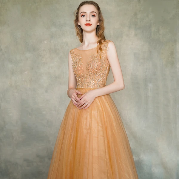 Illusion Orange Transparentes Robe De Soirée 2019 Princesse Encolure Carrée Sans Manches Appliques En Dentelle Ceinture Train De Balayage Volants Dos Nu Robe De Ceremonie