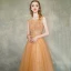 Illusion Orange Transparentes Robe De Soirée 2019 Princesse Encolure Carrée Sans Manches Appliques En Dentelle Ceinture Train De Balayage Volants Dos Nu Robe De Ceremonie