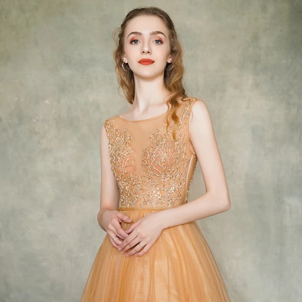 Illusion Orange Transparentes Robe De Soirée 2019 Princesse Encolure Carrée Sans Manches Appliques En Dentelle Ceinture Train De Balayage Volants Dos Nu Robe De Ceremonie