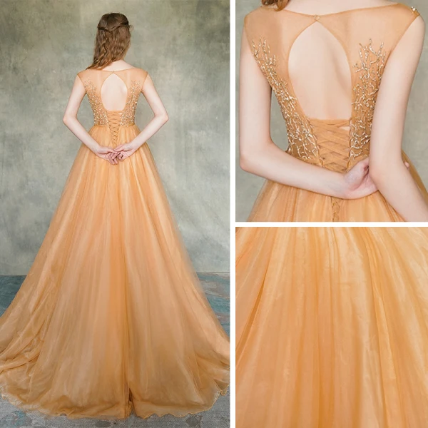 Illusion Orange Transparentes Robe De Soirée 2019 Princesse Encolure Carrée Sans Manches Appliques En Dentelle Ceinture Train De Balayage Volants Dos Nu Robe De Ceremonie