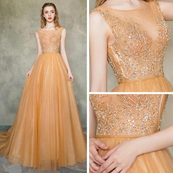 Illusion Orange Transparentes Robe De Soirée 2019 Princesse Encolure Carrée Sans Manches Appliques En Dentelle Ceinture Train De Balayage Volants Dos Nu Robe De Ceremonie