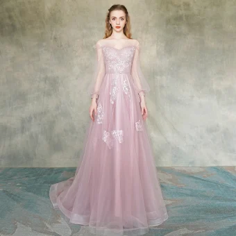 Élégant Rougissant Rose Robe De Soirée 2019 Princesse De L 039 Épaule Transparentes Gonflée Manches Longues Appliques En Dentelle Fleur Perlage Train De Balayage Volants Dos Nu Robe De Ceremonie