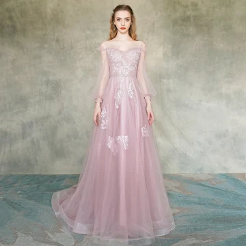 Elegant Blushing Pink Evening Dresses 2019 A Line Princess Off The Shoulder See Through Puffy Long Sleeve Appliques Lace Flower Beading Sweep Train Ruffle Backless Formal Dresses