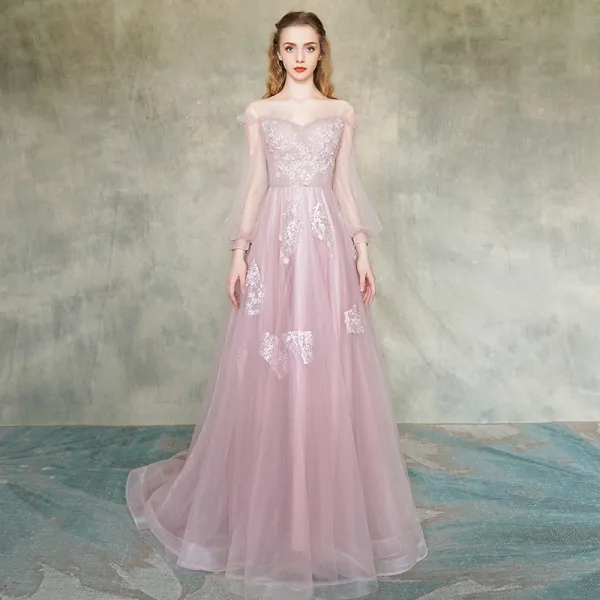 Elegant Blushing Pink Evening Dresses 2019 A Line Princess Off