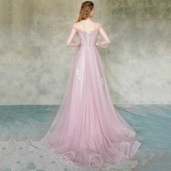 Élégant Rougissant Rose Robe De Soirée 2019 Princesse De l'épaule Transparentes Gonflée Manches Longues Appliques En Dentelle Fleur Perlage Train De Balayage Volants Dos Nu Robe De Ceremonie