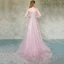 Élégant Rougissant Rose Robe De Soirée 2019 Princesse De l'épaule Transparentes Gonflée Manches Longues Appliques En Dentelle Fleur Perlage Train De Balayage Volants Dos Nu Robe De Ceremonie