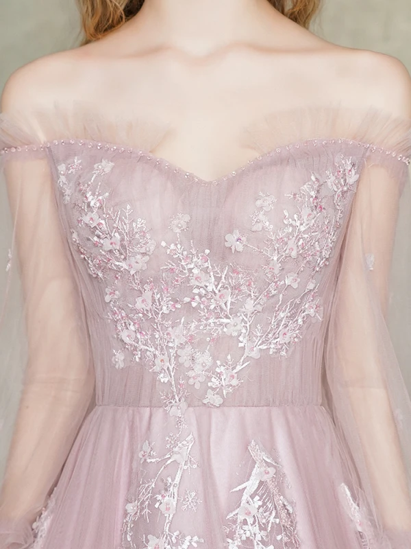 Élégant Rougissant Rose Robe De Soirée 2019 Princesse De l'épaule Transparentes Gonflée Manches Longues Appliques En Dentelle Fleur Perlage Train De Balayage Volants Dos Nu Robe De Ceremonie