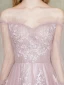 Élégant Rougissant Rose Robe De Soirée 2019 Princesse De l'épaule Transparentes Gonflée Manches Longues Appliques En Dentelle Fleur Perlage Train De Balayage Volants Dos Nu Robe De Ceremonie