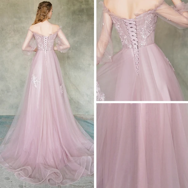 Élégant Rougissant Rose Robe De Soirée 2019 Princesse De l'épaule Transparentes Gonflée Manches Longues Appliques En Dentelle Fleur Perlage Train De Balayage Volants Dos Nu Robe De Ceremonie