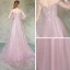 Élégant Rougissant Rose Robe De Soirée 2019 Princesse De l'épaule Transparentes Gonflée Manches Longues Appliques En Dentelle Fleur Perlage Train De Balayage Volants Dos Nu Robe De Ceremonie