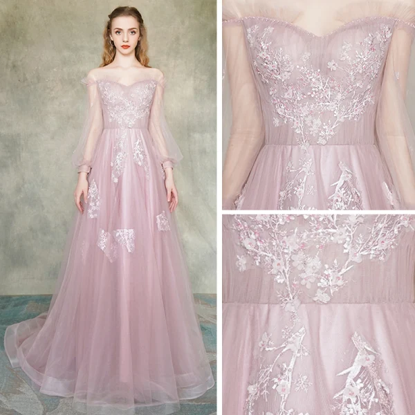 Élégant Rougissant Rose Robe De Soirée 2019 Princesse De l'épaule Transparentes Gonflée Manches Longues Appliques En Dentelle Fleur Perlage Train De Balayage Volants Dos Nu Robe De Ceremonie