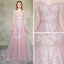 Élégant Rougissant Rose Robe De Soirée 2019 Princesse De l'épaule Transparentes Gonflée Manches Longues Appliques En Dentelle Fleur Perlage Train De Balayage Volants Dos Nu Robe De Ceremonie